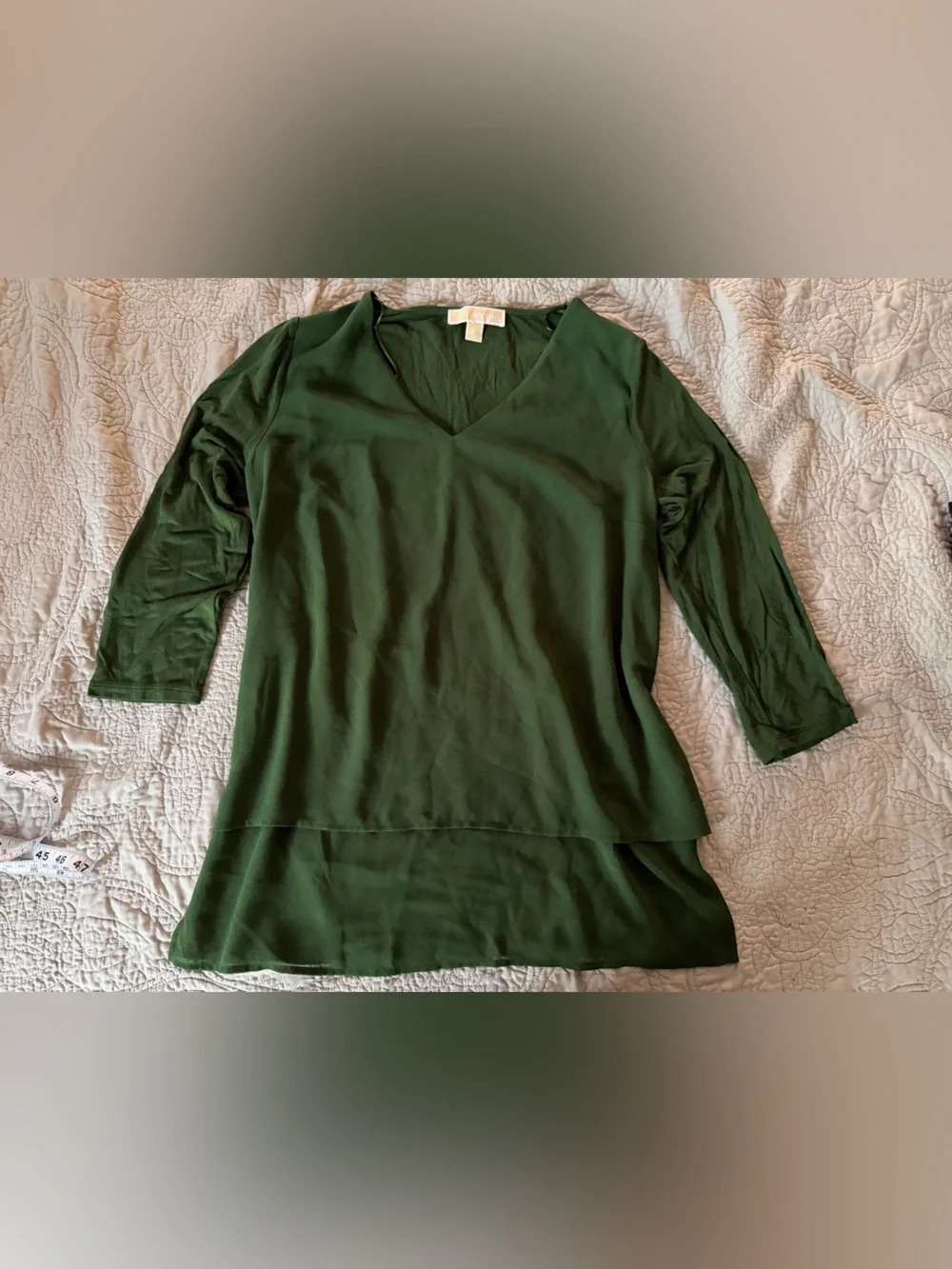 Michael Kors  V-Neck Layered Hem Top in Forest Green